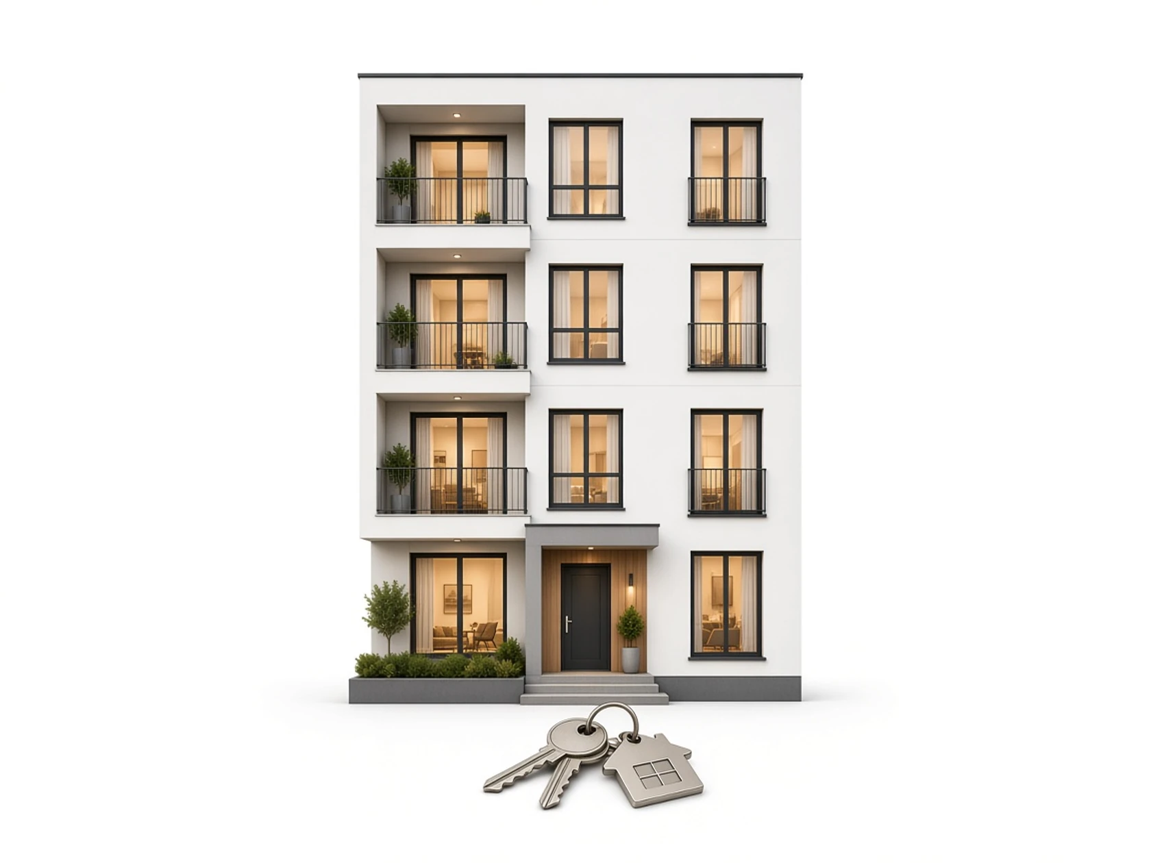 Immobilien vermieten: Mietshaus und Schlüssel im Studio